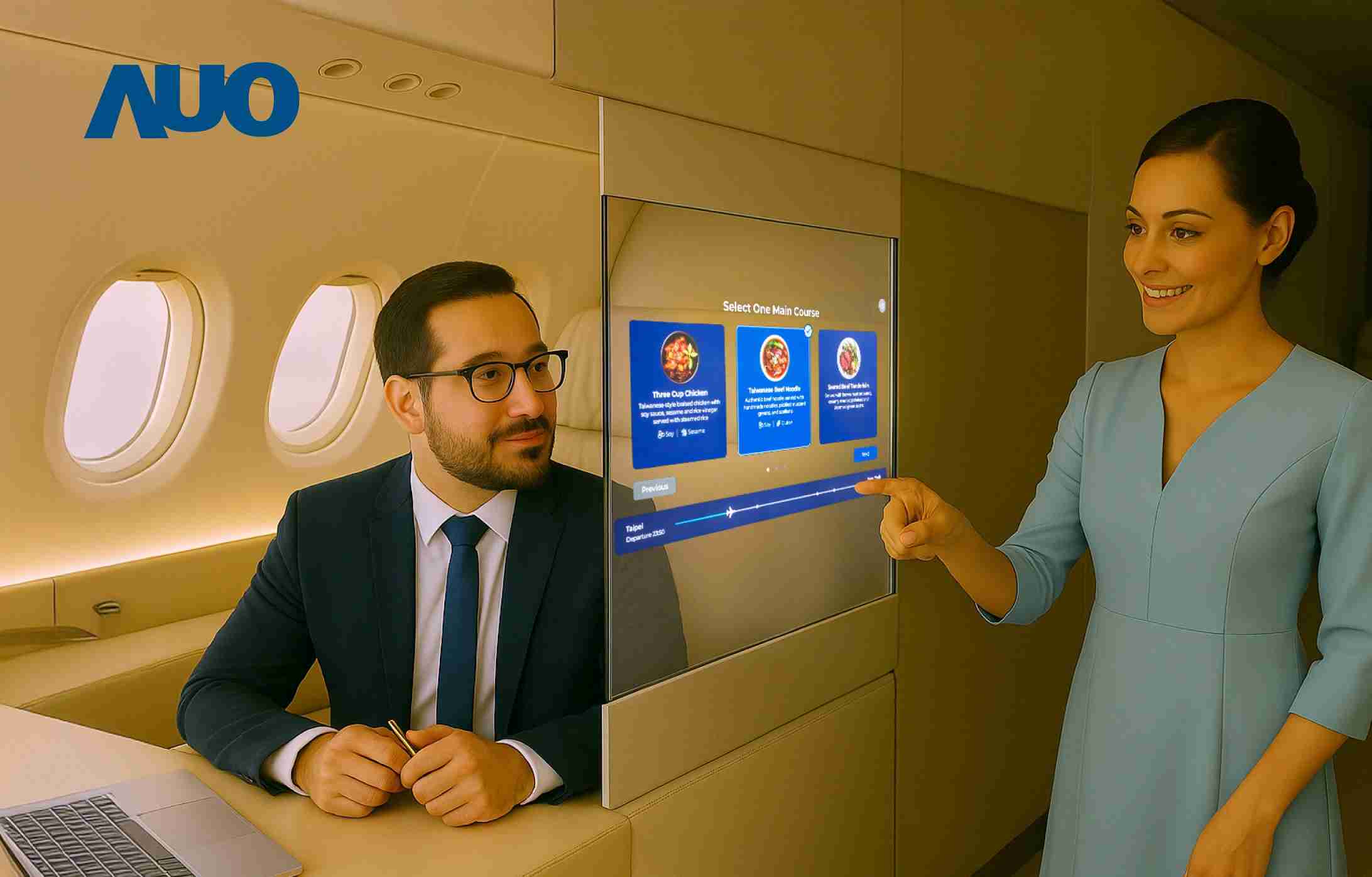 赏金国际研发全球最薄17.3 吋双面透明 Micro LED 显示器，，，，可在同一屏幕之双边投射不同信息，，，，创造独特的”透明化”互动；图为实时翻译交流应用情境